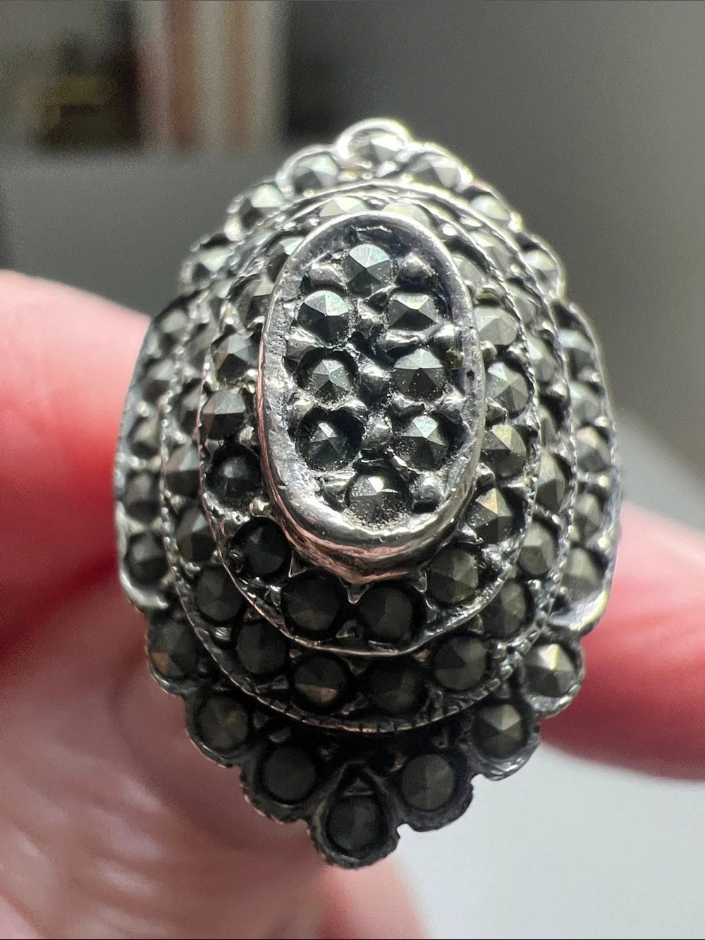 Unique Silver- Tone Black Marcasite Stones in an Oval Cluster Ring Vintage